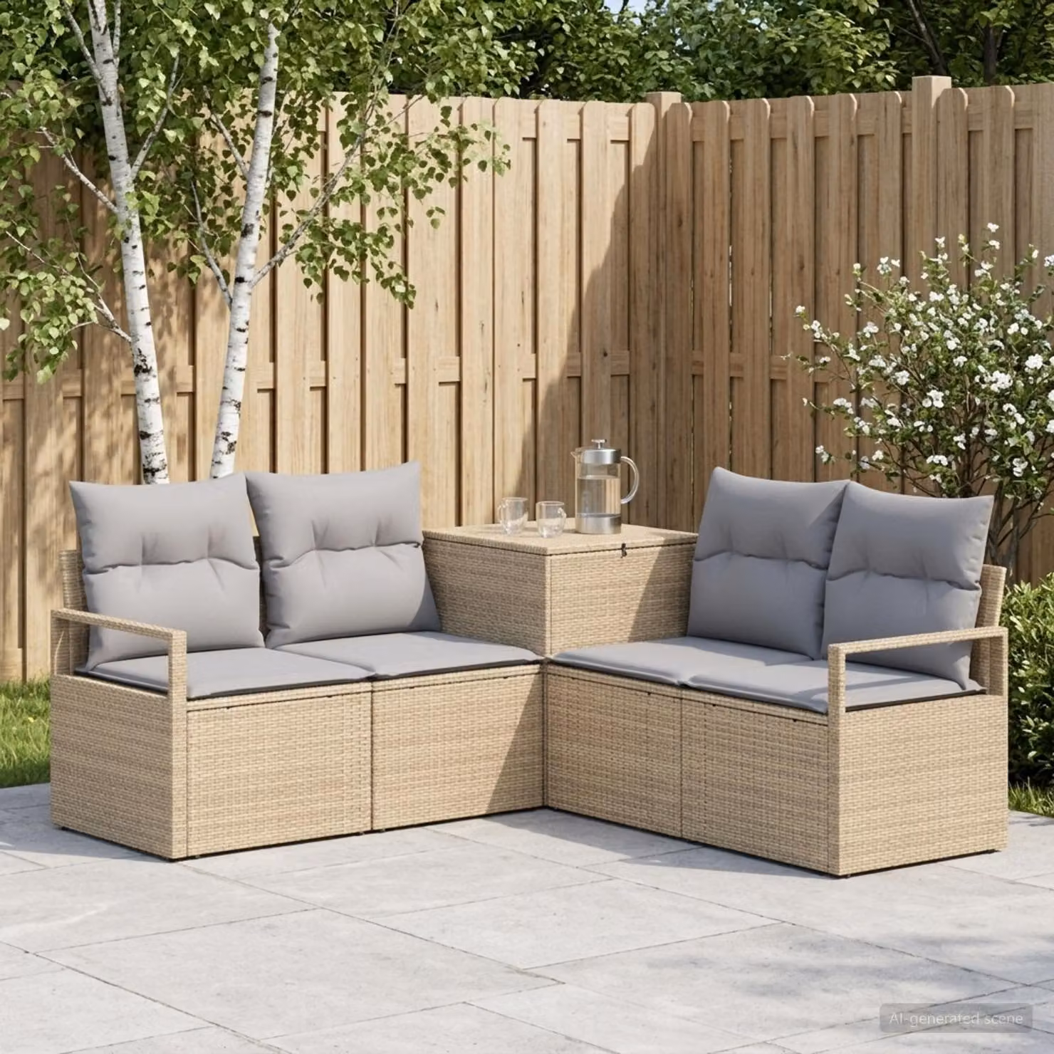 Set di divani da giardino vidaXL a forma di L in polyrattan con cuscini beige e grigio chiaro