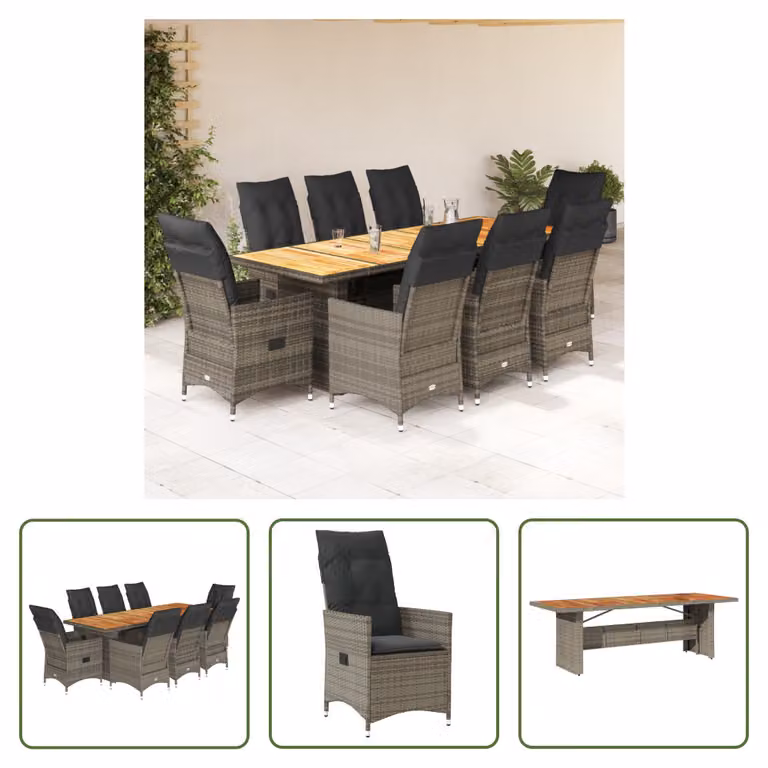 The Living Store Set bistrot da giardino 9 pezzi con cuscini in poly rattan grigio