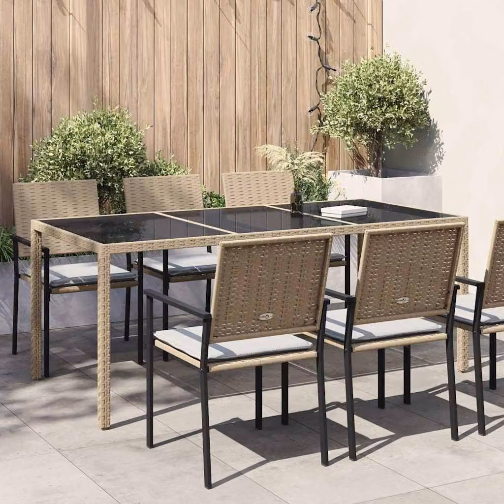 vidaXL Tavolo da giardino rettangolare in polyrattan e vetro temperato, Beige, L: 190 cm, P: 90 cm, H: 75 cm