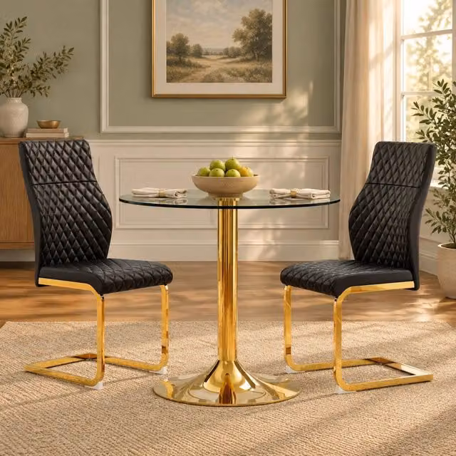 Set tavolo da pranzo rotondo Mivray con 2 sedie in vetro temperato e metallo, colori nero, oro e trasparente, Ø 85 cm
