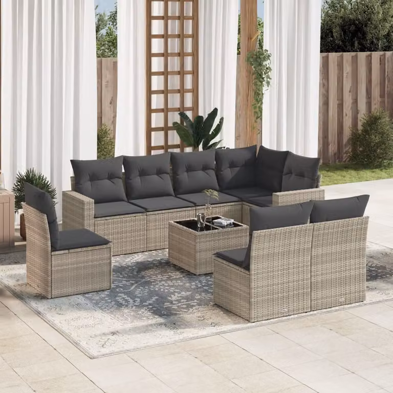 vidaXL Set Divano da Giardino a L in Polyrattan Grigio con Cuscini e Tavolino da Esterno