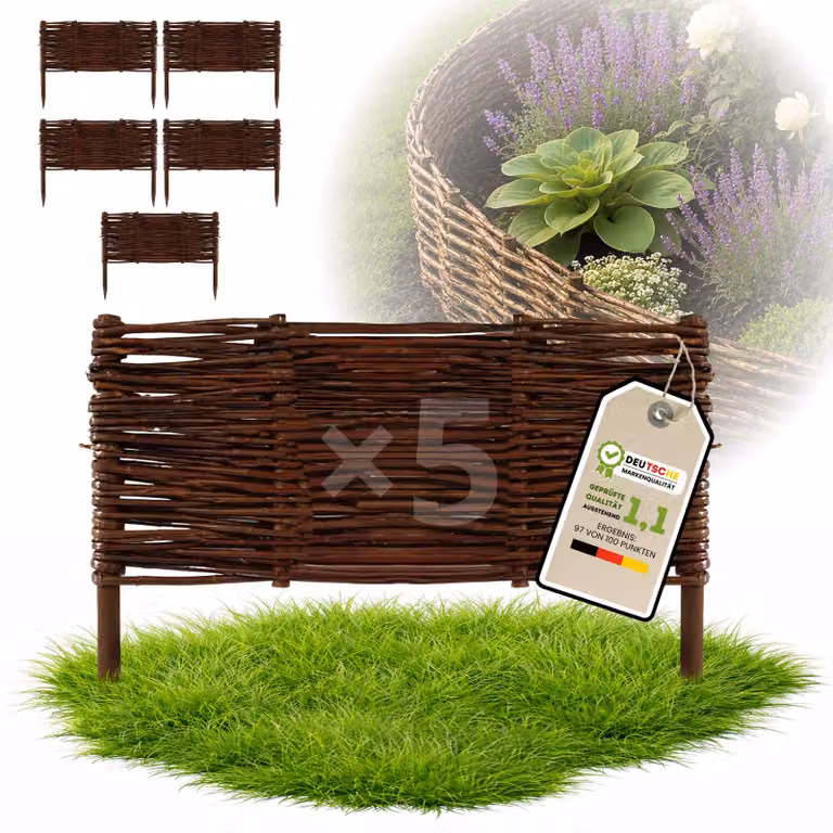 Floranica 5 pezzi Recinzione in vimini 30 cm x 50 cm – Staccionata da giardino intrecciata Palizzata Recinzione naturale Bordo aiuola