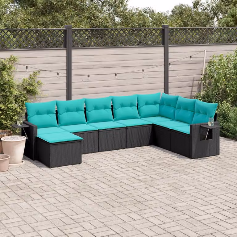 Set di divani da giardino vidaXL in polyrattan nero con cuscini, componibile a L con elementi angolari e pouf