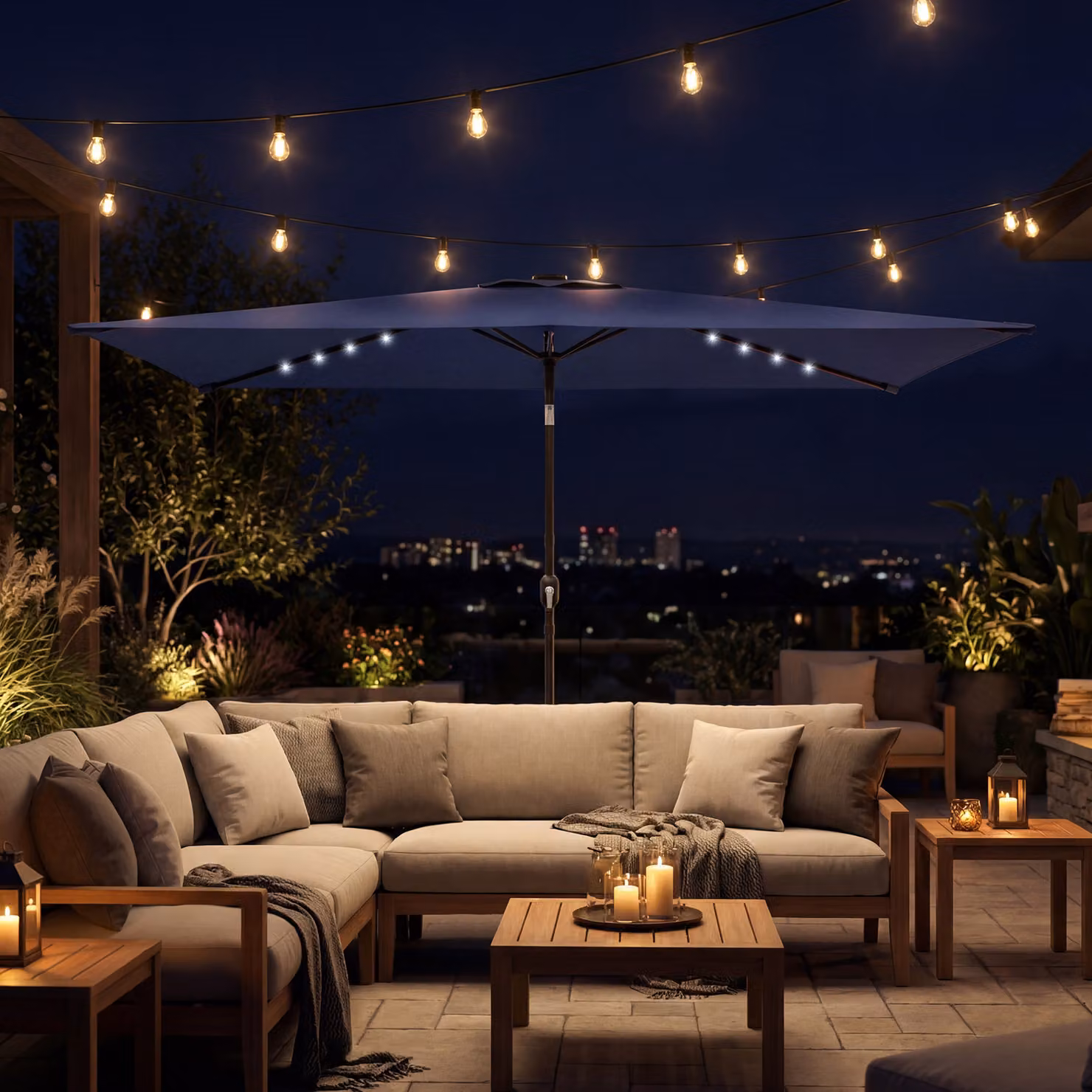 Outsunny Ombrellone da Giardino Cantilever con 24 Luci LED Solari, Telo Inclinabile UPF 50+ in Poliestere e Palo in Metallo, Blu Scuro, 2,9 x 2,5 m – 2