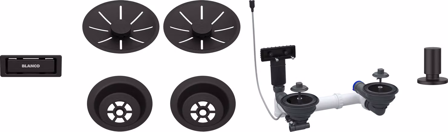 Set di accessori per scarico a pavimento, colore bianco, composto da 2 pezzi InFino con comando di apertura/chiusura a scomparsa, finitura nera opaca, codice prodotto 207442