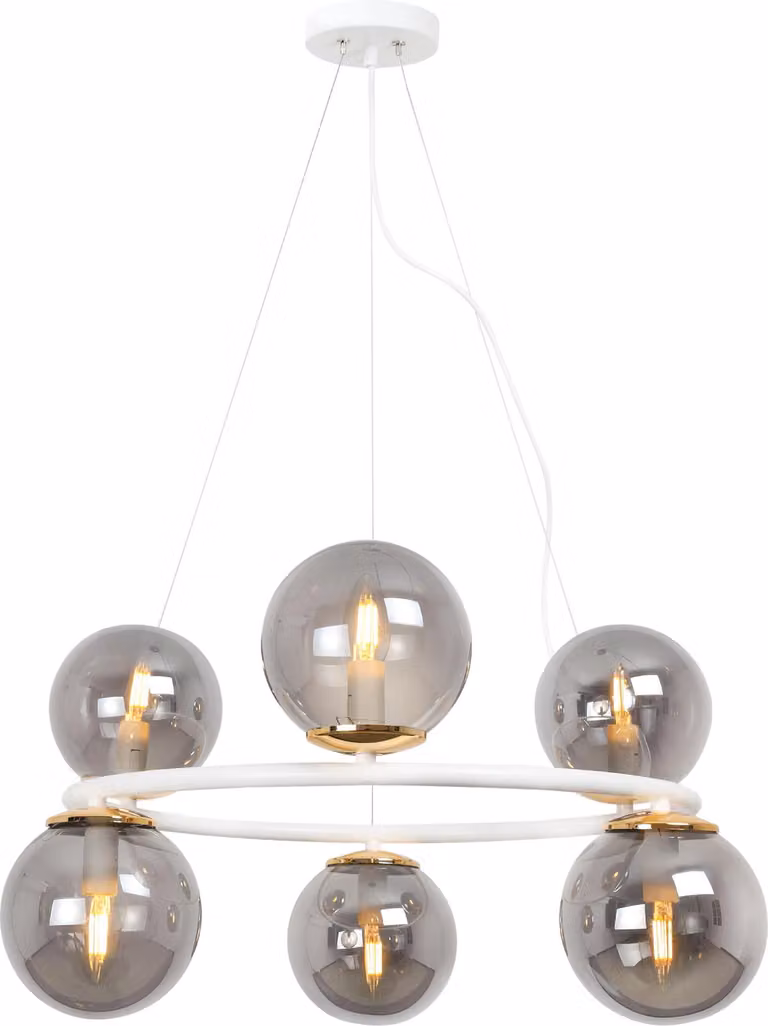 Lampada a sospensione Aura bianco-oro 6 luci vetro grigio fumo E14