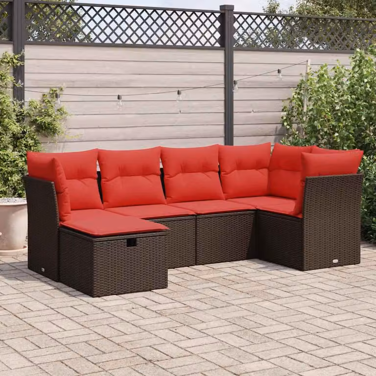 Set Divano da Giardino vidaXL 6 pz a Forma a L con Cuscini, Polyrattan e Struttura in Metallo, Marrone e Rosso
