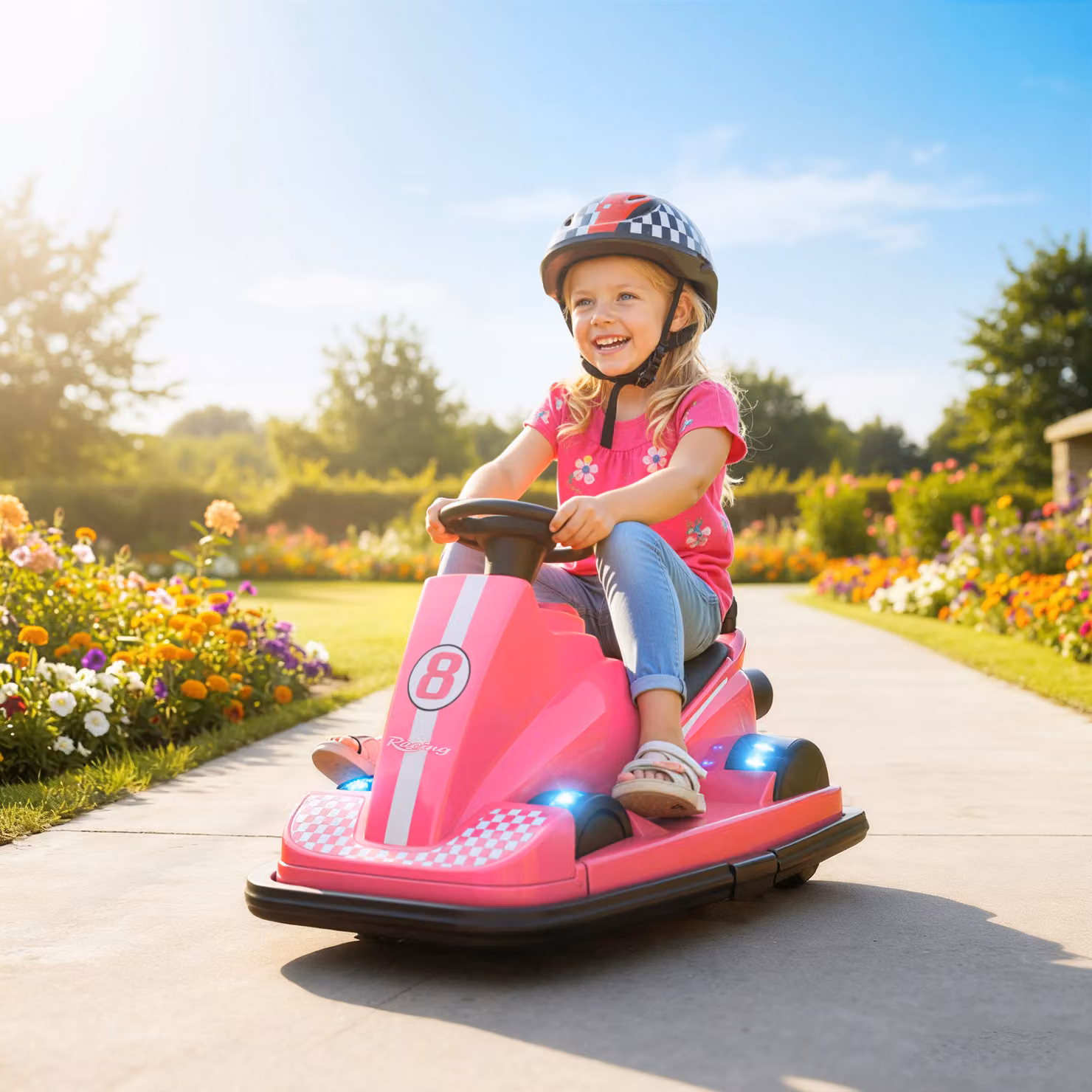 AIYAPLAY Autoscontro per bambini con rotazione a 360 gradi, volante, luci LED e funzione musicale, Rosa – 2