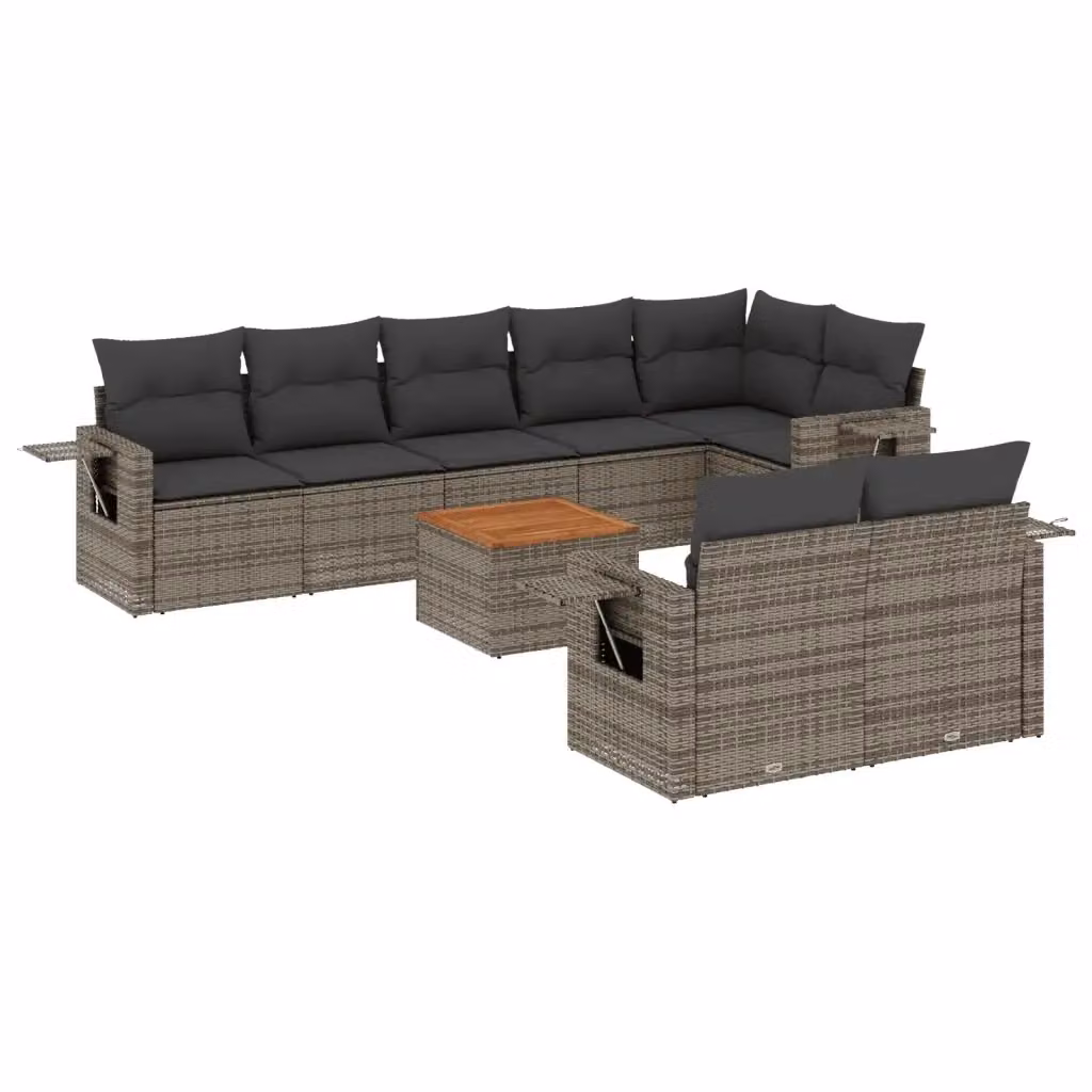 vidaXL Set Divano da Giardino a L 9 pz in Polyrattan Grigio con Cuscini e Tavolino – 2