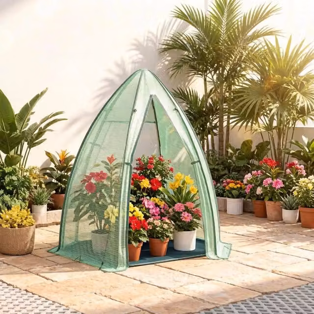 Semenzaio da giardino OKWISH verde con base, porta e finestra con cerniera in PE e acciaio, L 180 x P 160 x H 160 cm