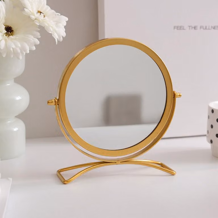 Specchio da trucco rotondo, con supporto, in metallo, color oro, per il bagno