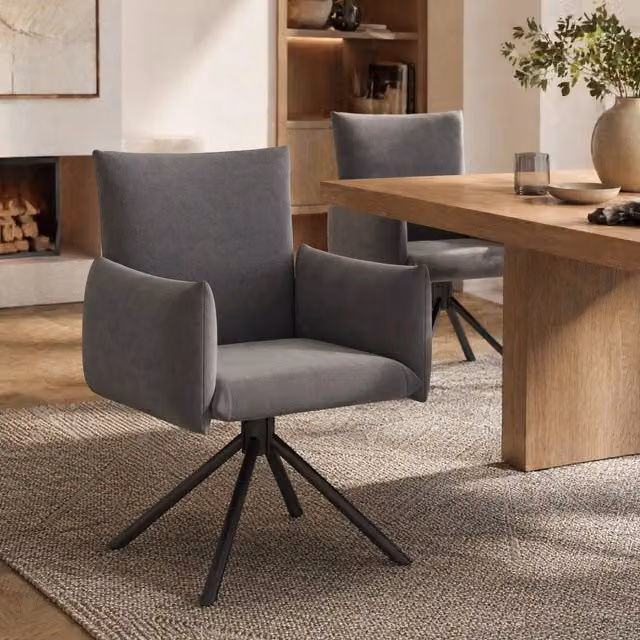 Set di 2 sedie da pranzo MIVRAY girevoli a 360 gradi in velluto grigio con braccioli imbottiti e gambe in metallo opaco