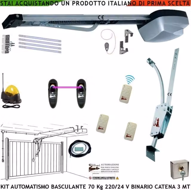 Kit Motore Securvera per Cancello Basculante da Soffitto 220/24 V con Binario in Alluminio, Catena in Acciaio da 3 Metri e 3 Radiocomandi, Colore Grigio/Argento