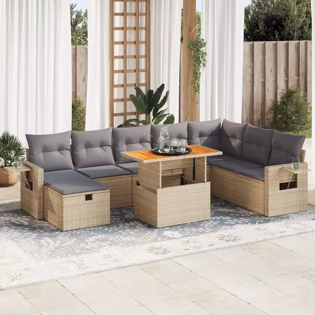 Set Divano da Giardino vidaXL 9 Pezzi in Polyrattan e Legno di Acacia con Cuscini Beige e Grigio – 1