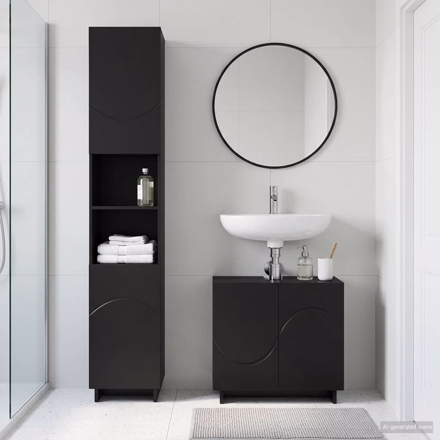 Set mobili da bagno moderni vidaXL composto da mobile sottolavabo e colonna alta in legno MDF nero opaco L/P/H: 60 x 41 x 82 cm e 41 x 41 x 180 cm