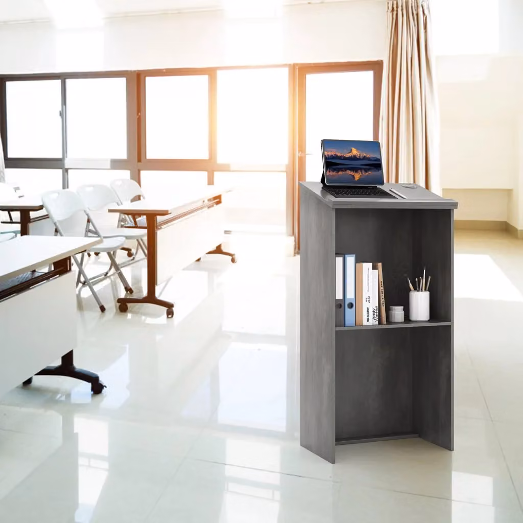 Leggio da oratore Design Mania in legno MDF laminato grigio con piano inclinato e fori per cavi, Altezza: 117 cm – 2