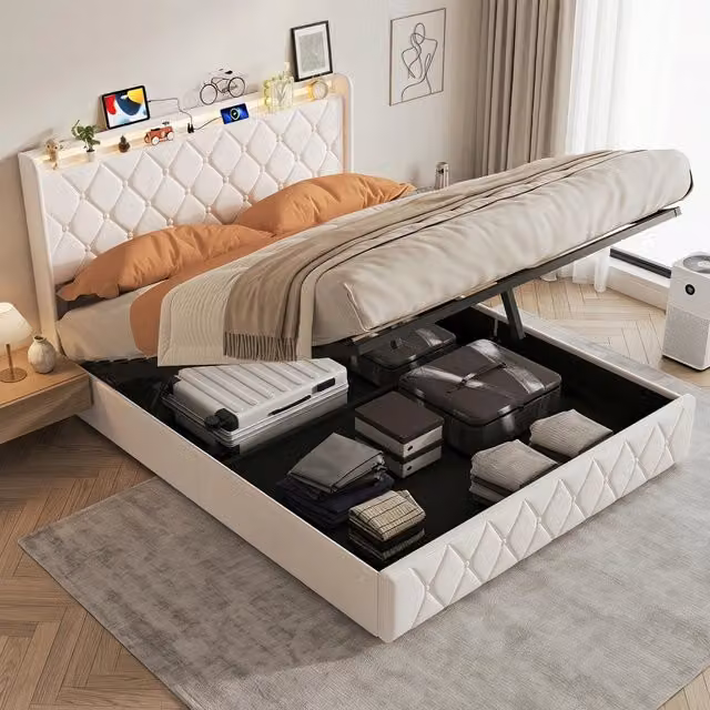 Letto matrimoniale 160x200 cm con contenitore LED USB testiera imbottita mensole rete a doghe metallo legno velluto - beige
