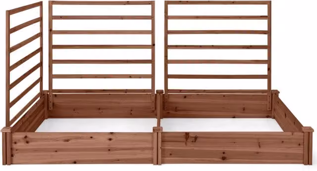Aiuola rialzata in legno marrone con 2 cassoni e 3 tralicci per orto o giardino ornamentale DESIGN IN L/P/H: 222 x 114 x 66 cm