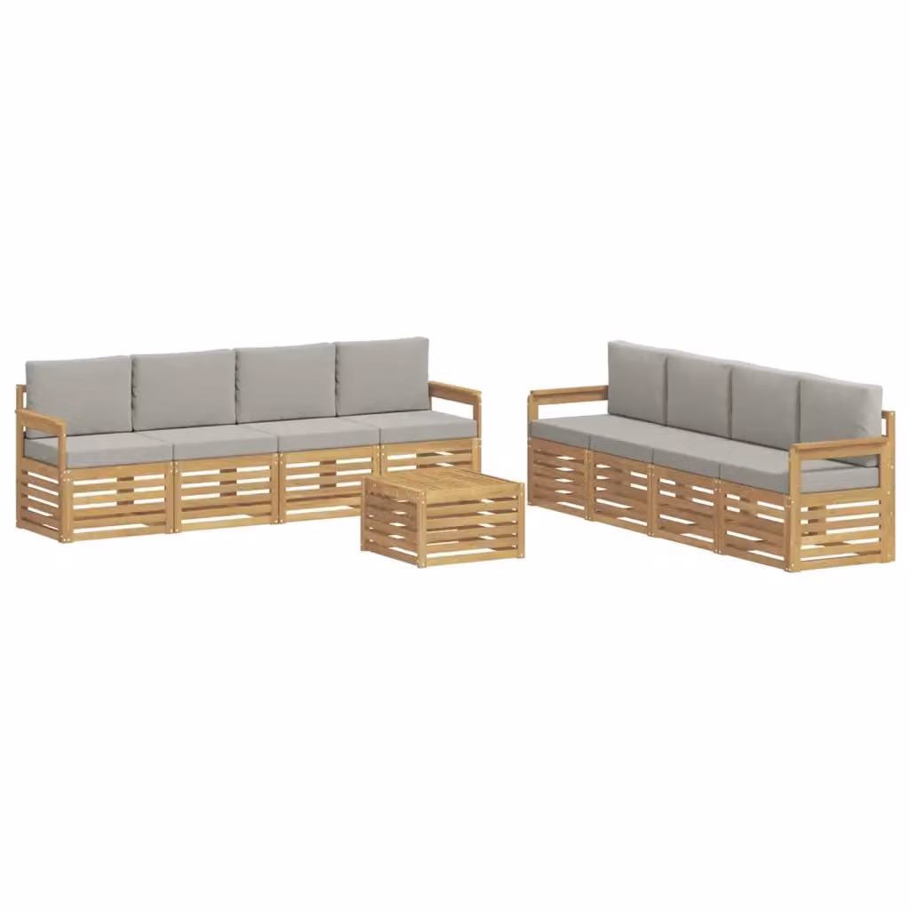 Set di mobili da giardino vidaXL composto da divano a 3 posti, poltrone, tavolino da caffè e cuscini in legno di acacia trattato, colori bianco e grigio – 2