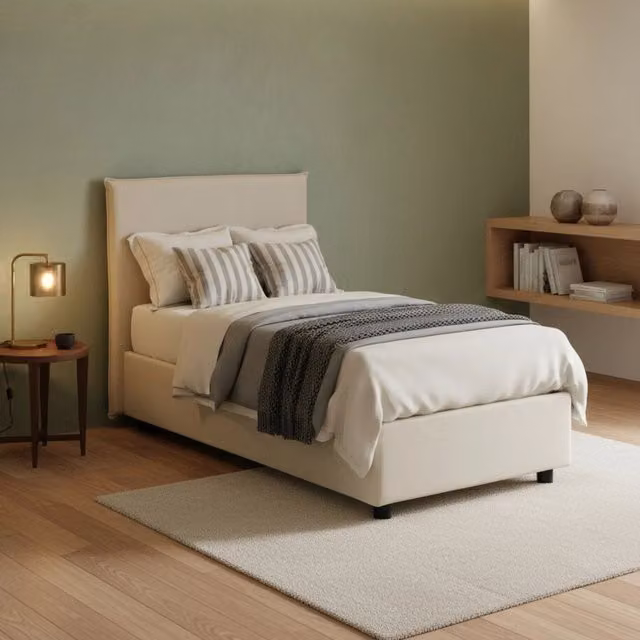 Letto singolo contenitore Ajan Talamo Italia con rivestimento in tessuto beige, adatto per materasso 90x190 cm, L/P/H: 90 x 190 x 205 cm