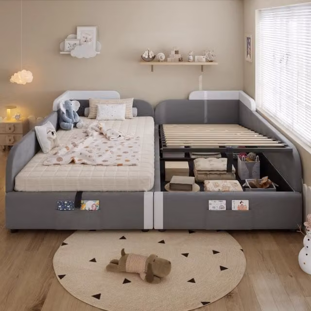 Letto combinato per bambini, 2 posti 90×200 cm et 90×200 cm, contenitore idraulico e tasca, senza materassi, grigio