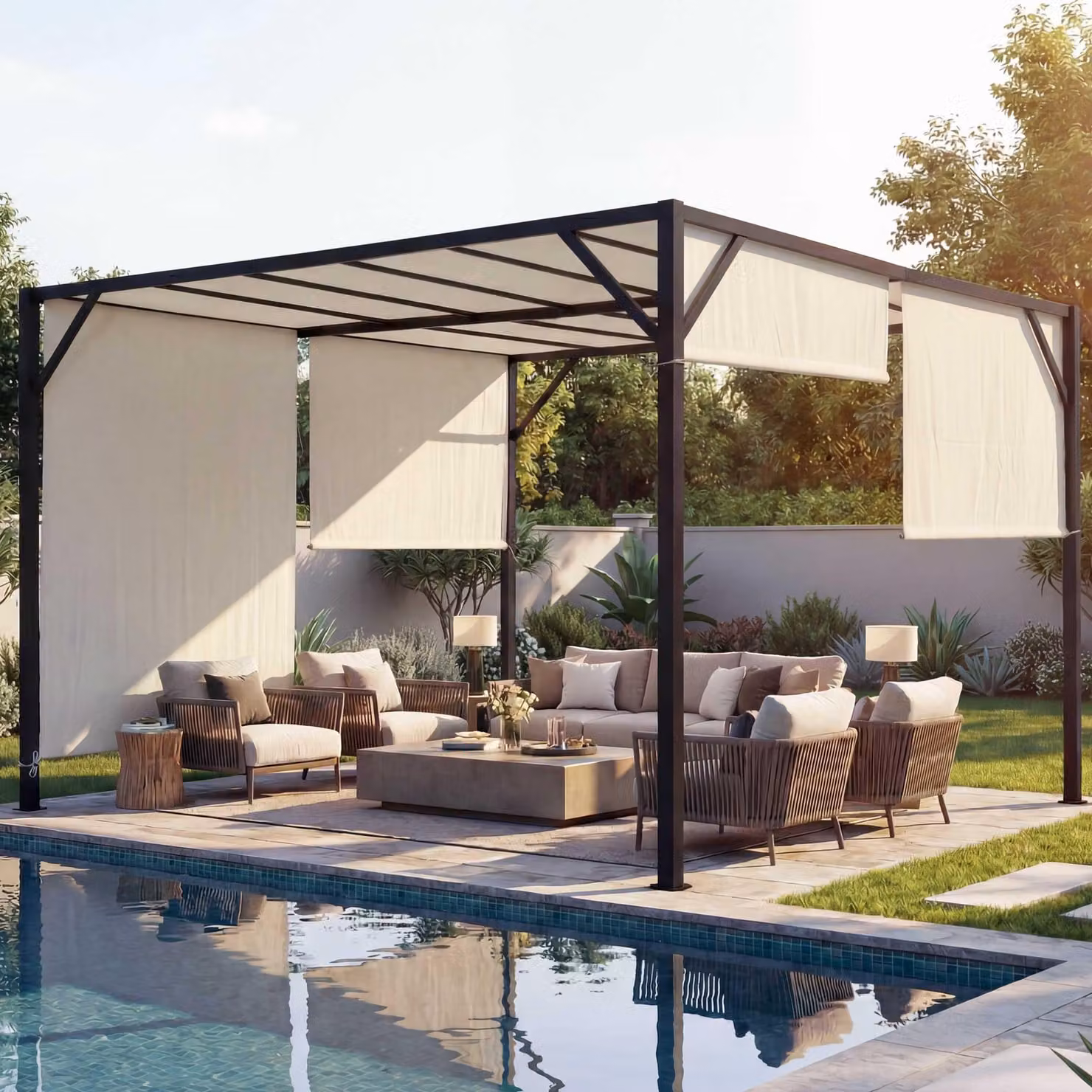 Pergola Beja, gazebo da giardino, copertura per terrazza, robusto telaio in acciaio da 6 cm + tetto scorrevole ~ 4x3 m