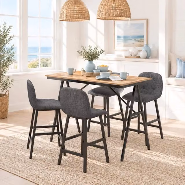 Set da pranzo 5 pezzi con tavolo e 4 sgabelli, imbottitura spessa, rivestimento effetto lino grigio scuro