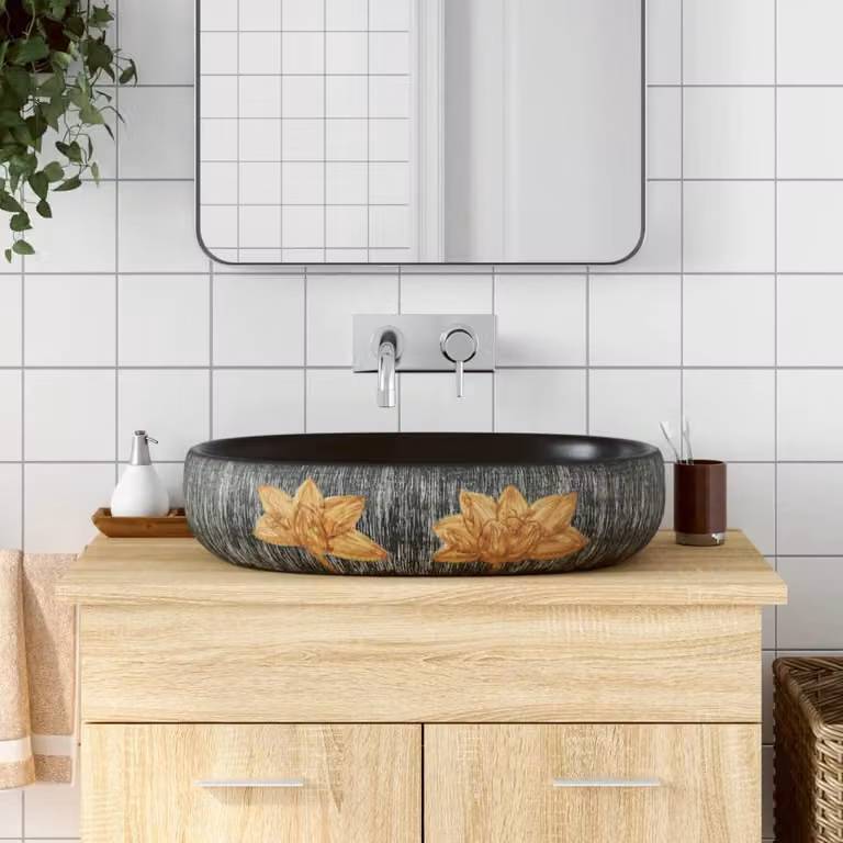 Lavabo da appoggio ovale in ceramica vidaXL Grigio e Nero L: 59 cm, P: 40 cm, H: 14 cm