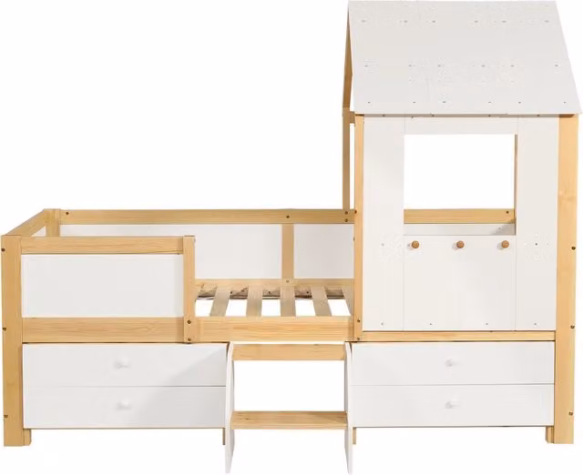 Letto per bambini a forma di casetta con tetto, finestra, 4 cassetti e scaletta, pino+MDF+compensato, bianco e naturale, 90x200 cm
