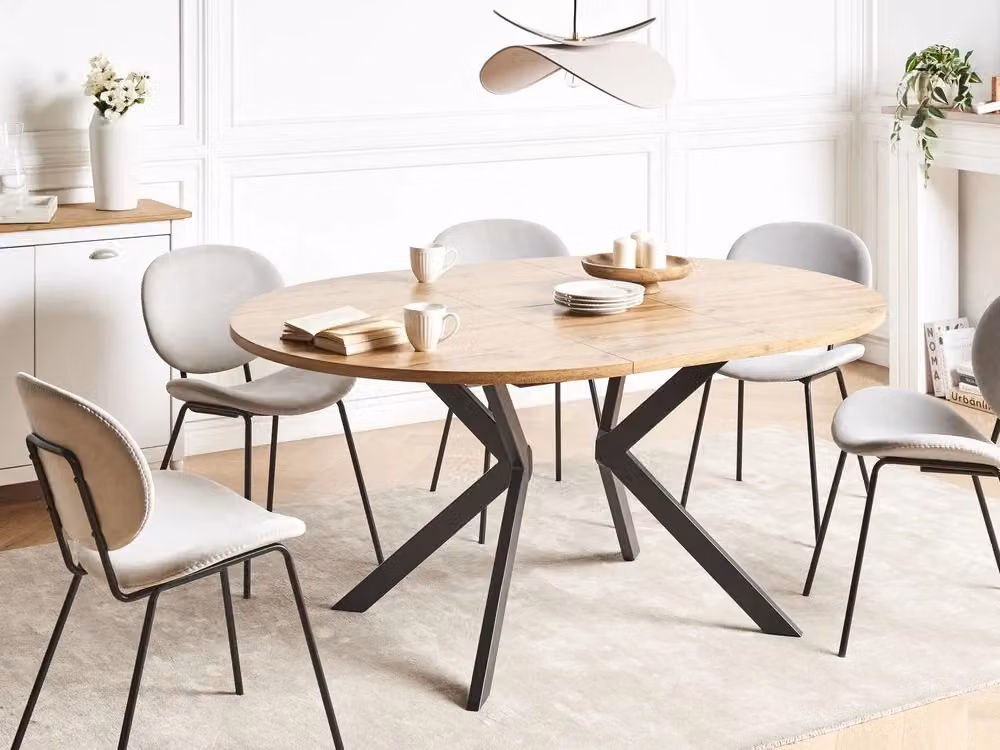 Tavolo da pranzo estensibile BELIANI in stile industriale con piano ovale in MDF laminato marrone e gambe in metallo a X, L/P/H: 120 x 100 x 77 cm – 2