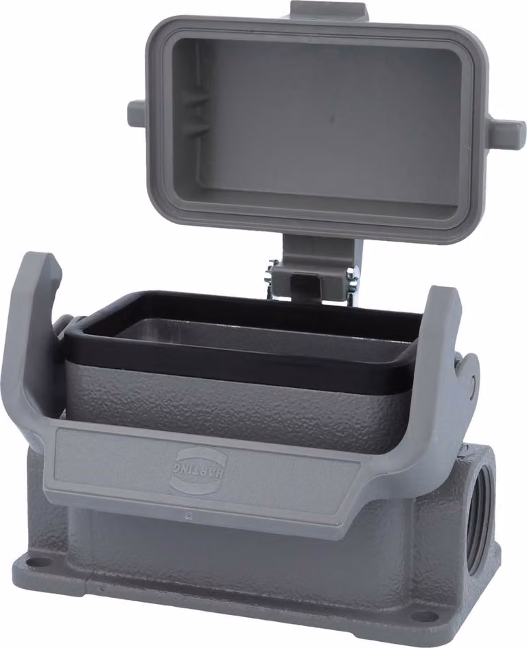 HARTING Han 10B Base bassa, 2xPG16 uscita cavo laterale, con 1 staffa longitudinale con cappuccio protettivo in plastica - 1