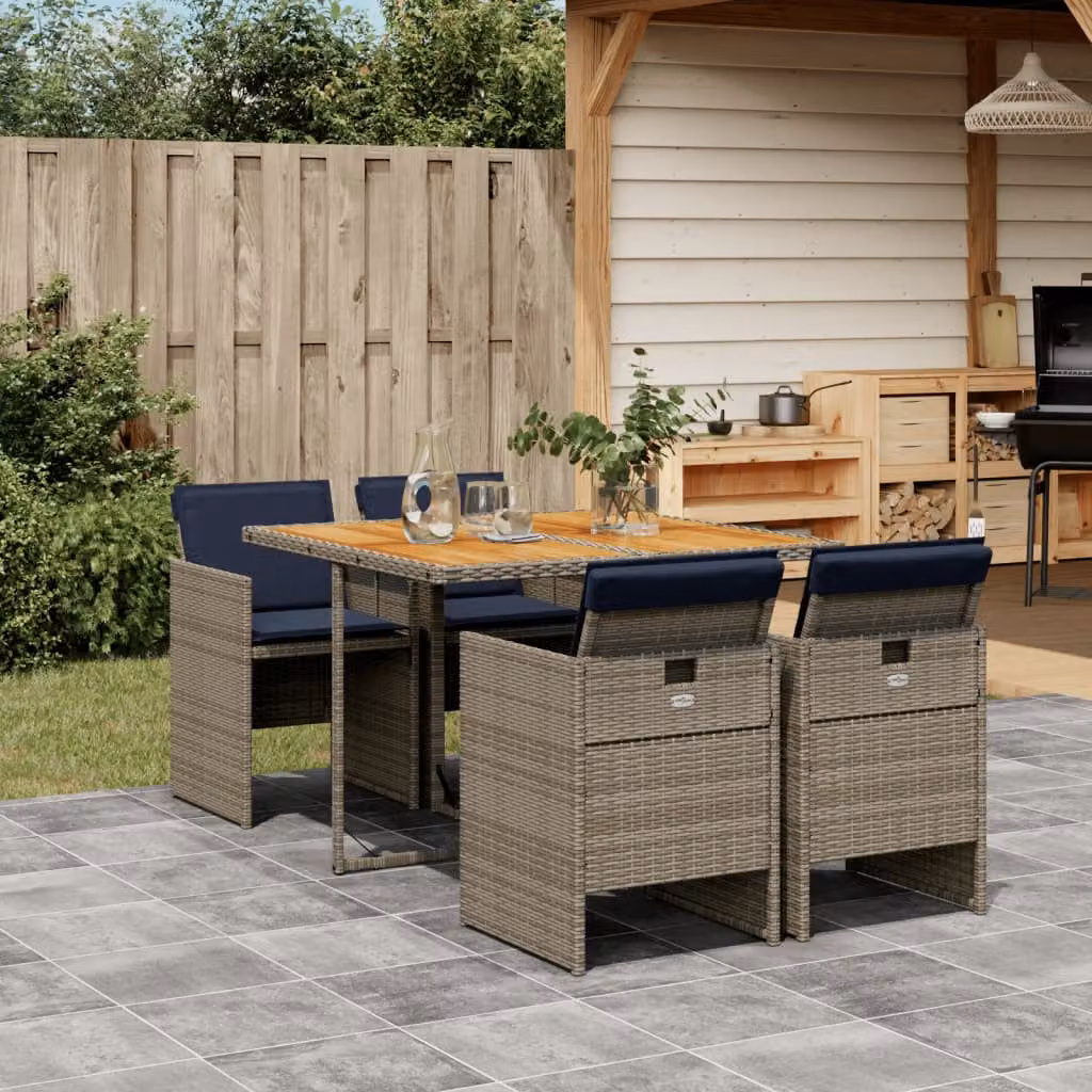 Set da pranzo da giardino vidaXL in polyrattan e legno di acacia con 5 pezzi e cuscini, colore grigio