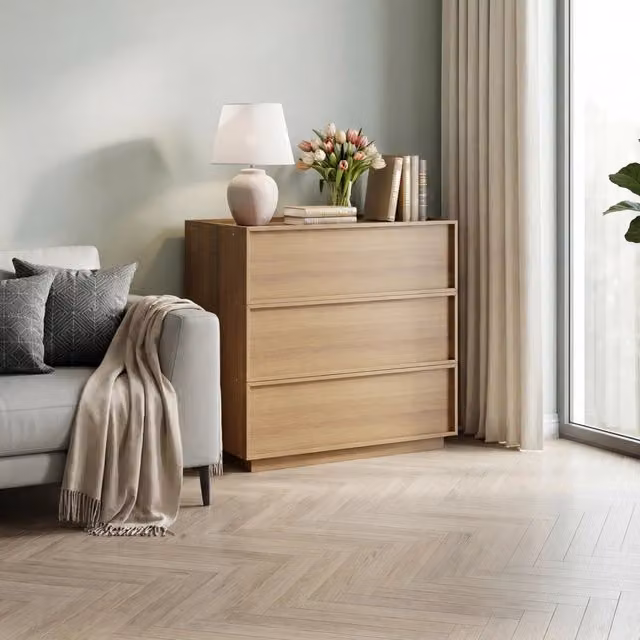 Comò OKWISH con 3 cassetti in design minimalista, colore rovere marrone, ideale per camera da letto, soggiorno o ingresso