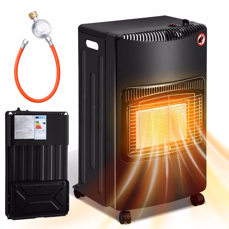 Riscaldatore a gas Ikodm, colore nero, 4200 Watt, 3 livelli di riscaldamento, regolatore di pressione e tubo di 0,5 metri. Portatile e pieghevole, con 4 ruote
