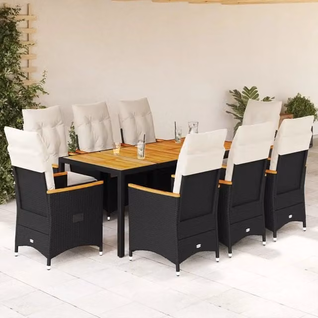 Set da pranzo da giardino vidaXL in legno di acacia oliato e rattan nero e bianco, 9 pezzi – 1