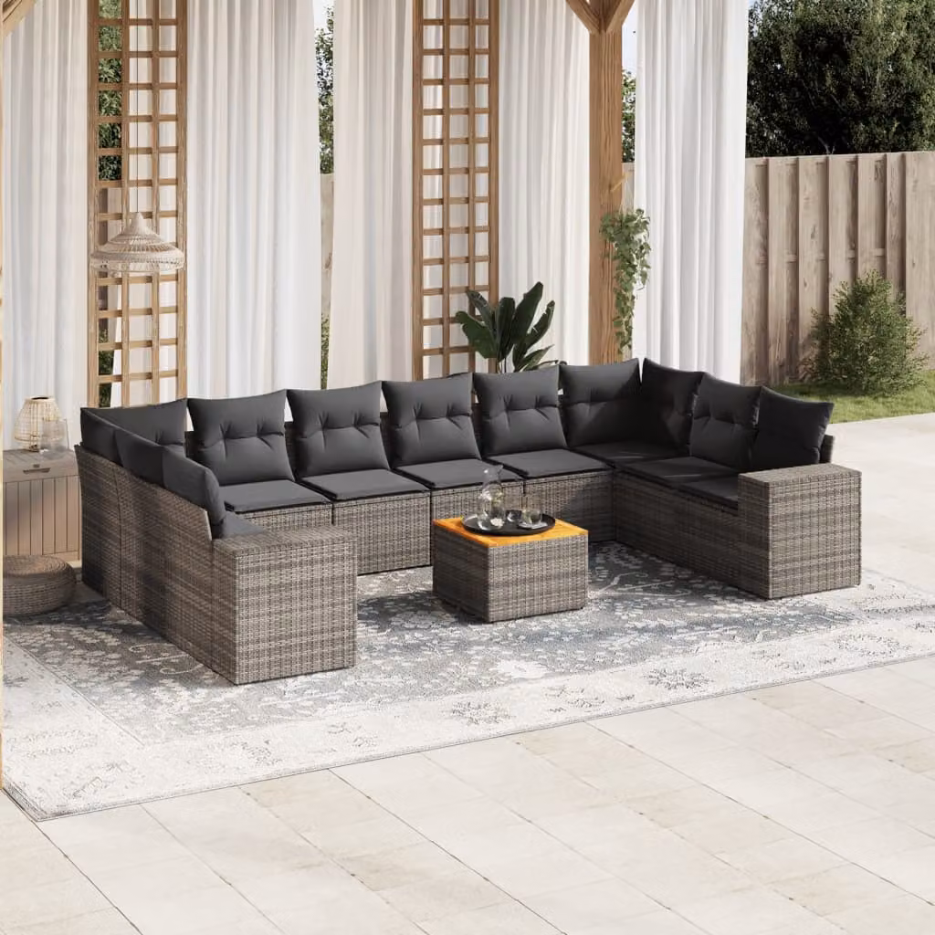 vidaXL Set Divani da Giardino 11 pz in Polyrattan Grigio con Cuscini e Tavolino – 1