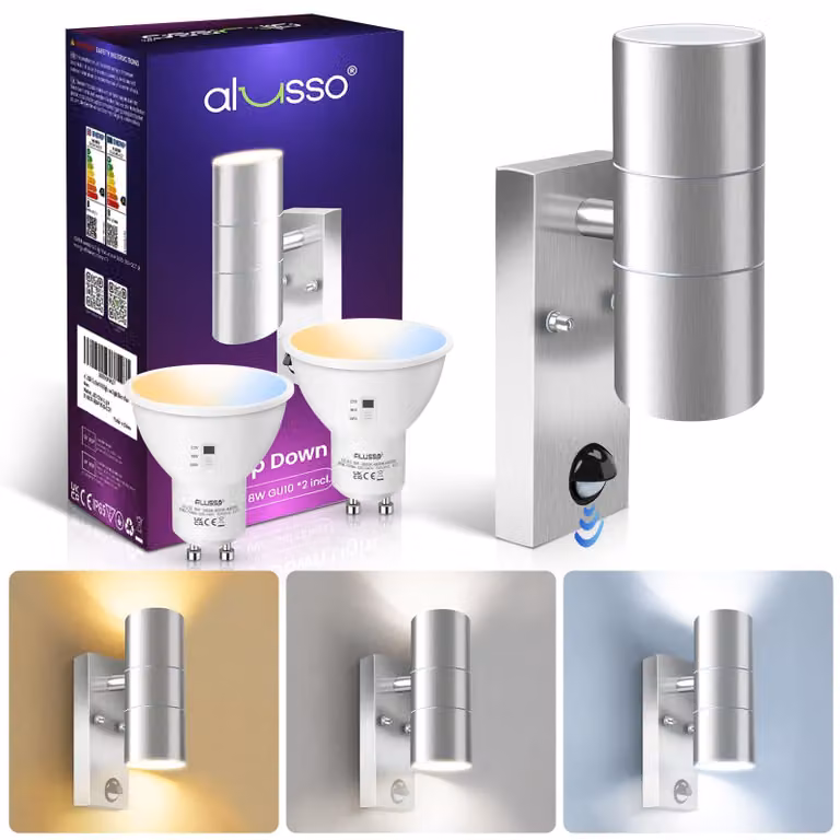 Apparecchio di illuminazione da parete con sensore di movimento, in acciaio inossidabile, grado di protezione IP65, 2 lampade LED GU10 da 8W, 3 temperature di colore