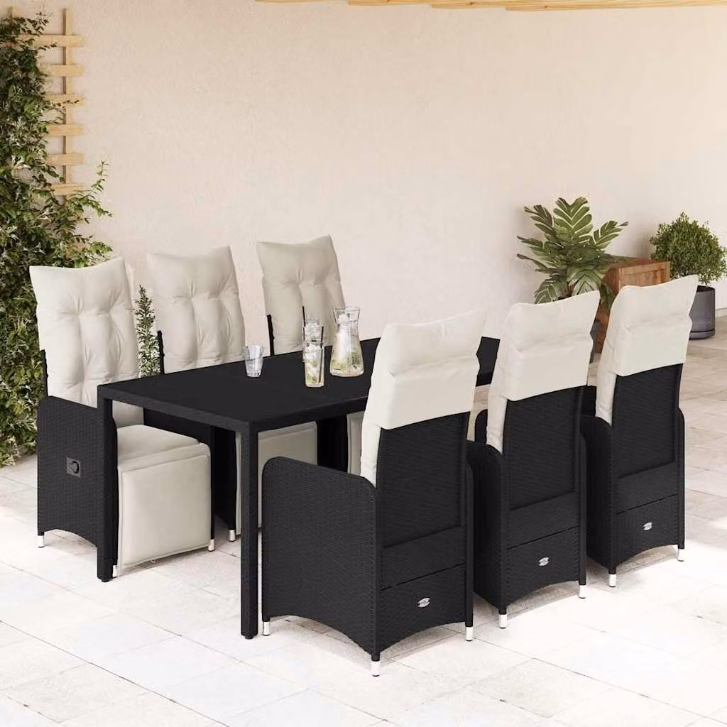 Set da Bistrò da Giardino 7 pz vidaXL in Polyrattan Nero con Cuscini e Piano in Vetro – 1