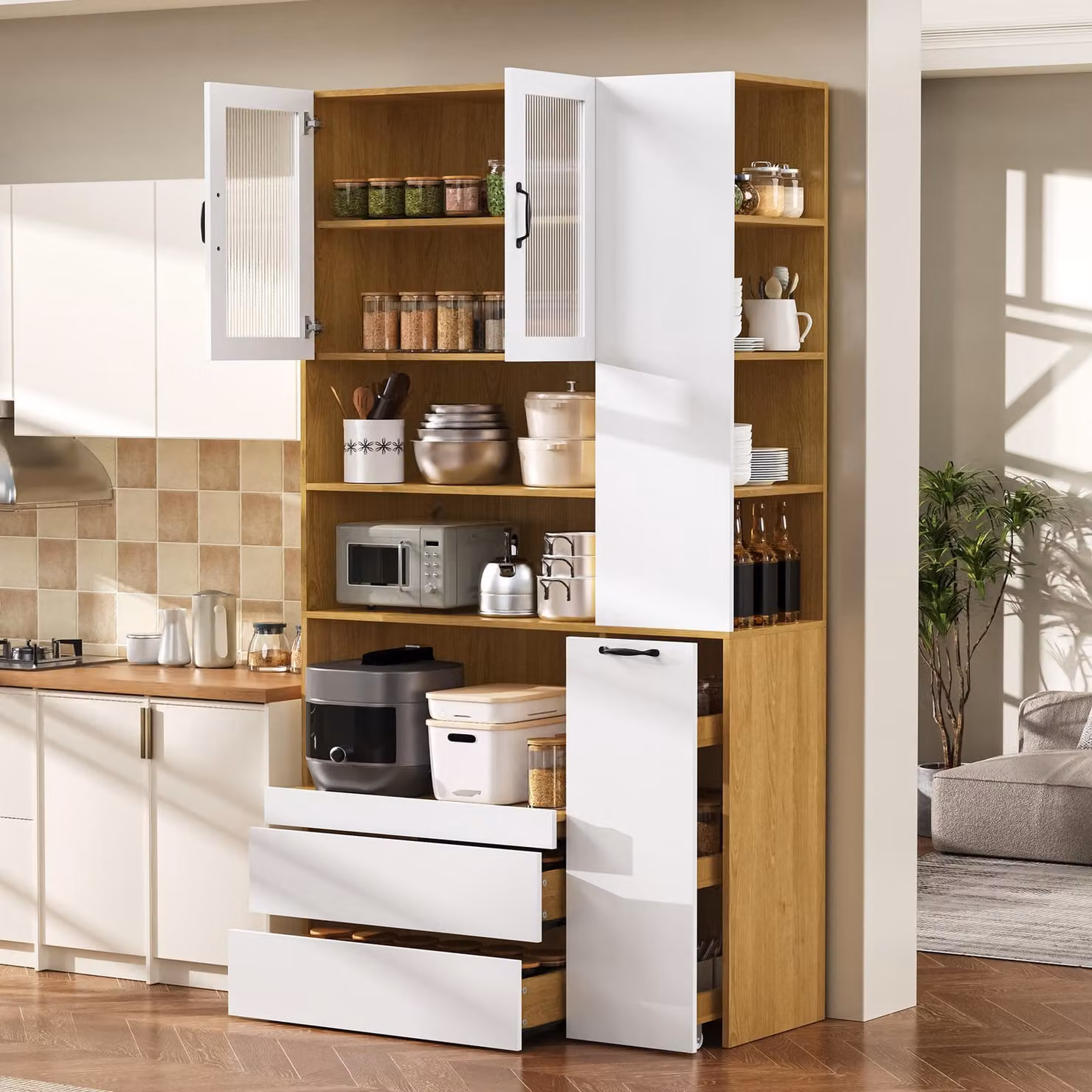 Merax: mobile da cucina alto, credenza con ripiani estraibili e vetro rigato, cassetto, per sala da pranzo, soggiorno, cucina, bianco+naturale