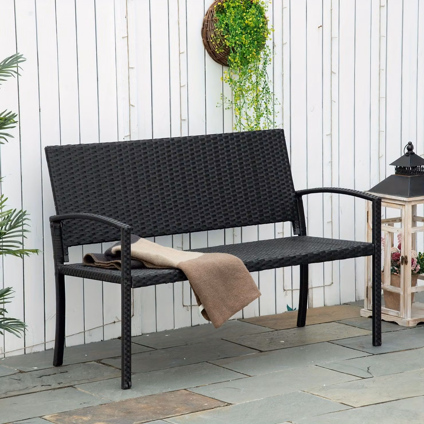 Tavolo da giardino con panchina - Panchina da esterno - Panchina da giardino - Piccolo divanetto da esterno - Divano in rattan - Divano in rattan sintetico nero - Divano a due posti