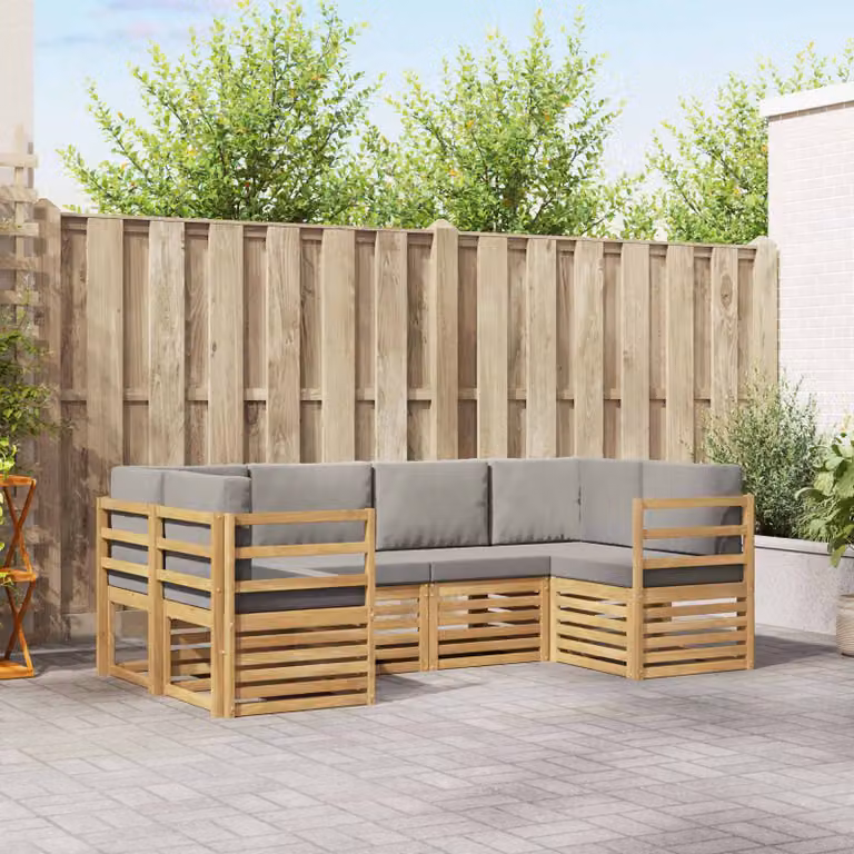 Set di divani da esterno vidaXL a forma di L composto da 6 pezzi in legno di acacia con cuscini bianchi e grigi