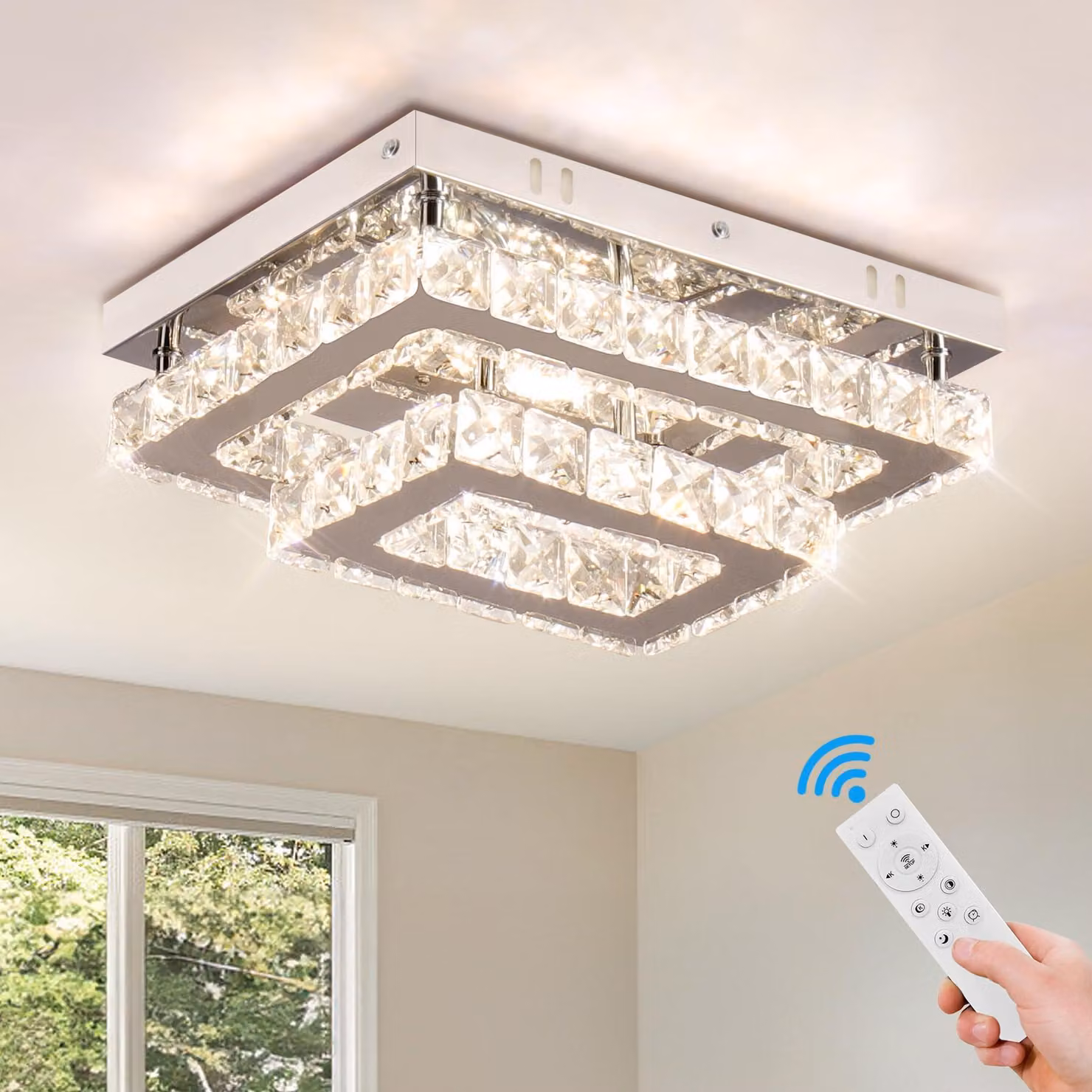 Plafoniera LED rettangolare, cristallo K9, acciaio inossidabile, dimmerabile, 24W