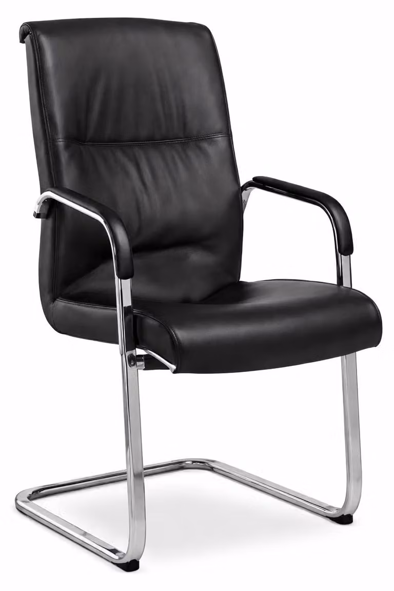 Sedia da conferenza con struttura cantilever in pelle nera e cromatura