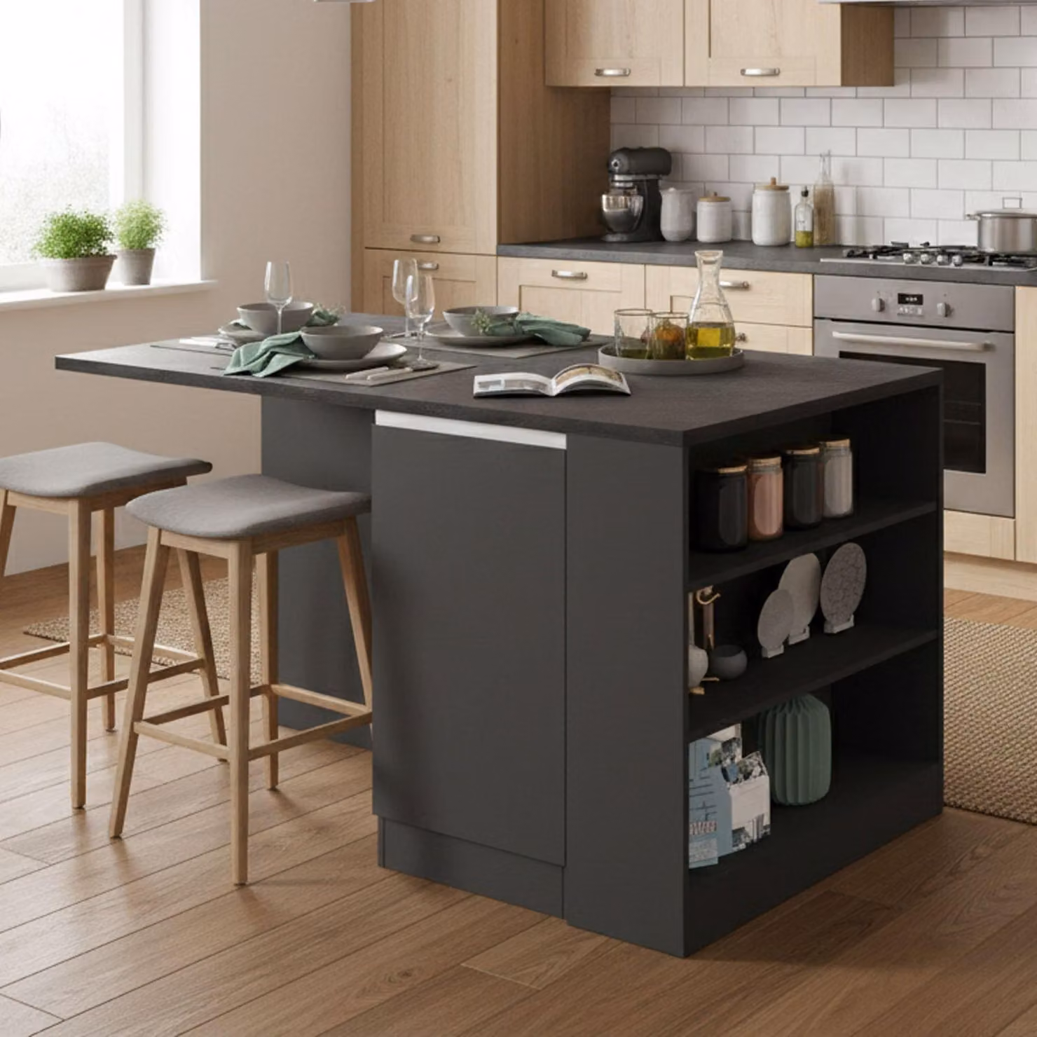 Dmora Isola da Cucina Abern 90x160x90h cm Nero Antracite, Modulabile 7 Vani  Italy