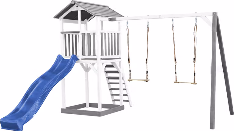 AXI Beach Tower Parco giochi in legno in grigio e bianco | Torre di gioco per bambini con sabbiera, doppia altalena e scivolo blu | Casa per bambini su palafitte per il giardino