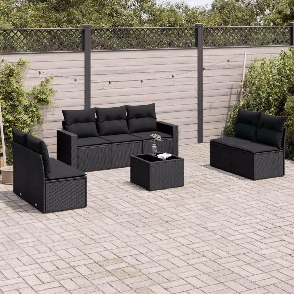 vidaXL Set Divani da Giardino a L con Cuscini 8 pz Nero in Polyrattan e Tavolino da Esterno – 1