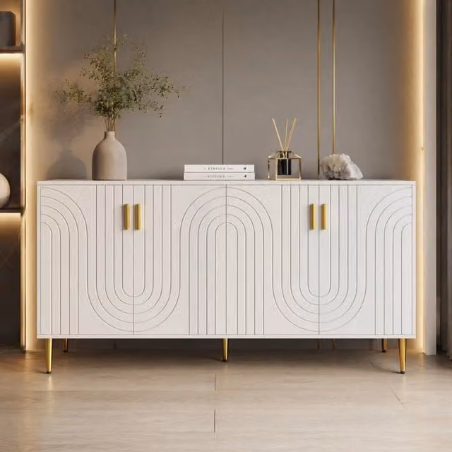 Credenza moderna in MDF bianco con frontale ondulato e dettagli oro per sala da pranzo o soggiorno L: 152 cm, P: 40 cm, H: 75 cm