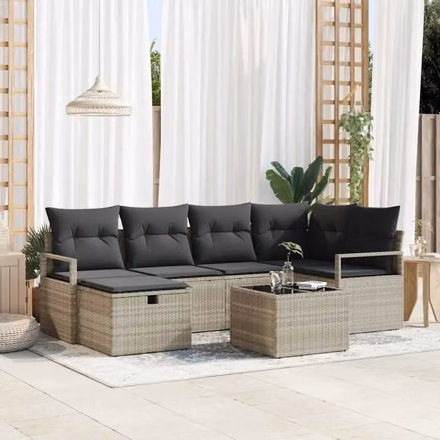 Set di divani 7 pz 6-Numero di posti Grigio chiaro polyrattan 3359191