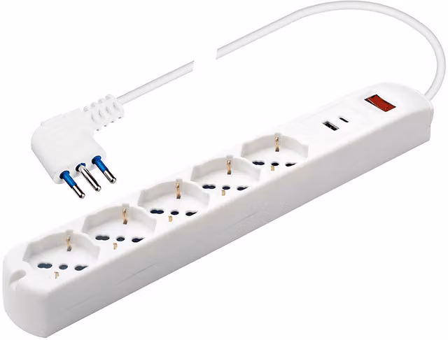 POLYPOOL Presa multipla con 5 prese pluristandard 10/16A 2P+T, 2 porte USB e interruttore di sicurezza, cavo 1,5 m, bianco