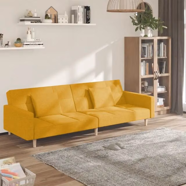 Divano Letto Click Clack vidaXL in Tessuto Giallo con 2 Cuscini e Struttura in Legno Massello L: 220 cm, P: 84,5 cm, H: 69 cm